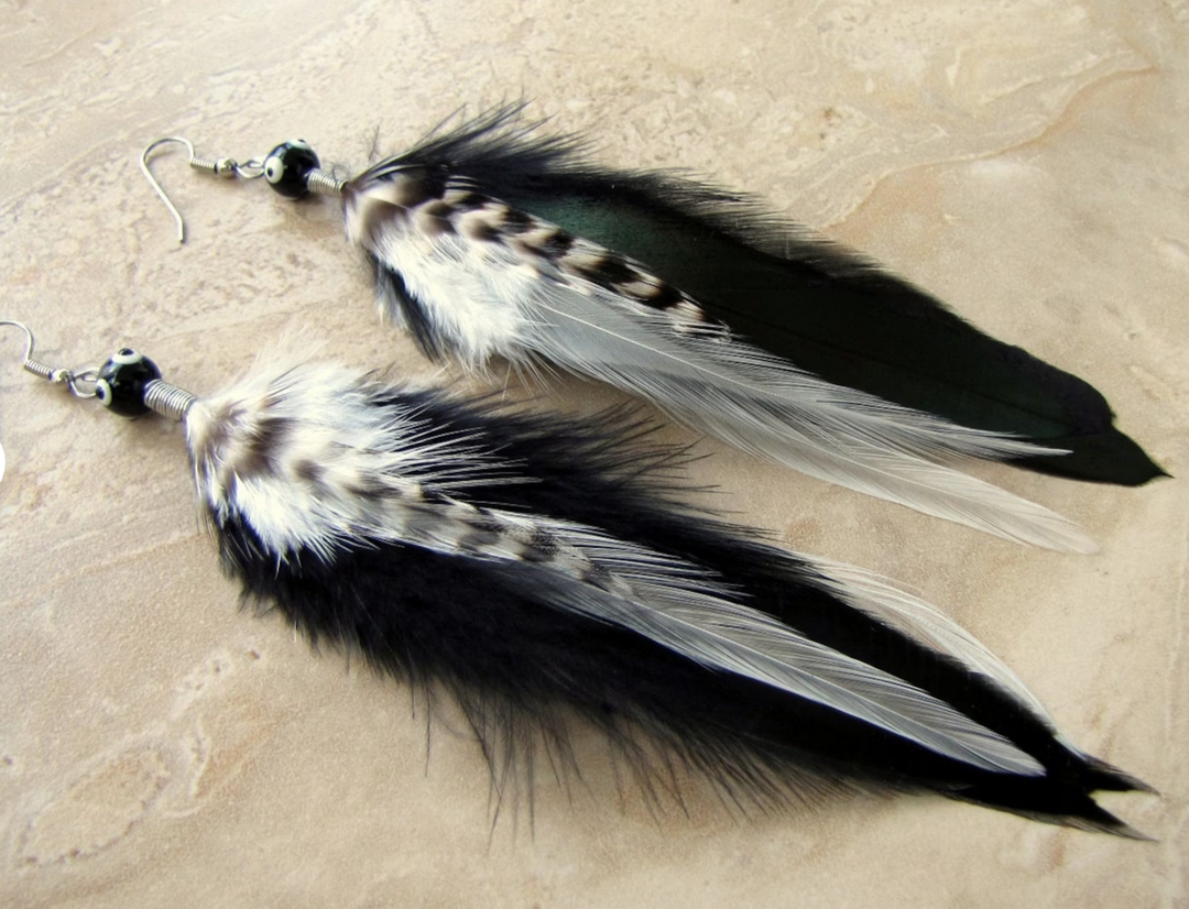 Long Black & White Feather Earrings