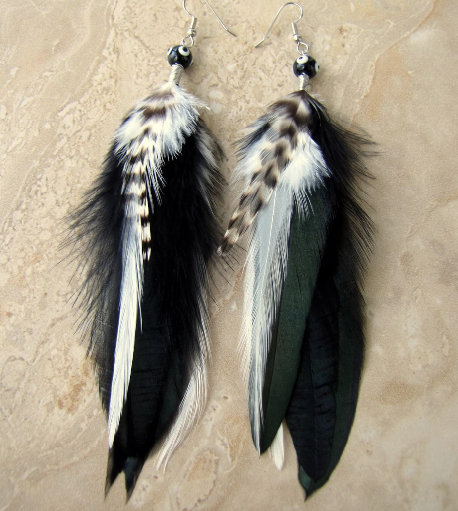 Long Black & White Feather Earrings