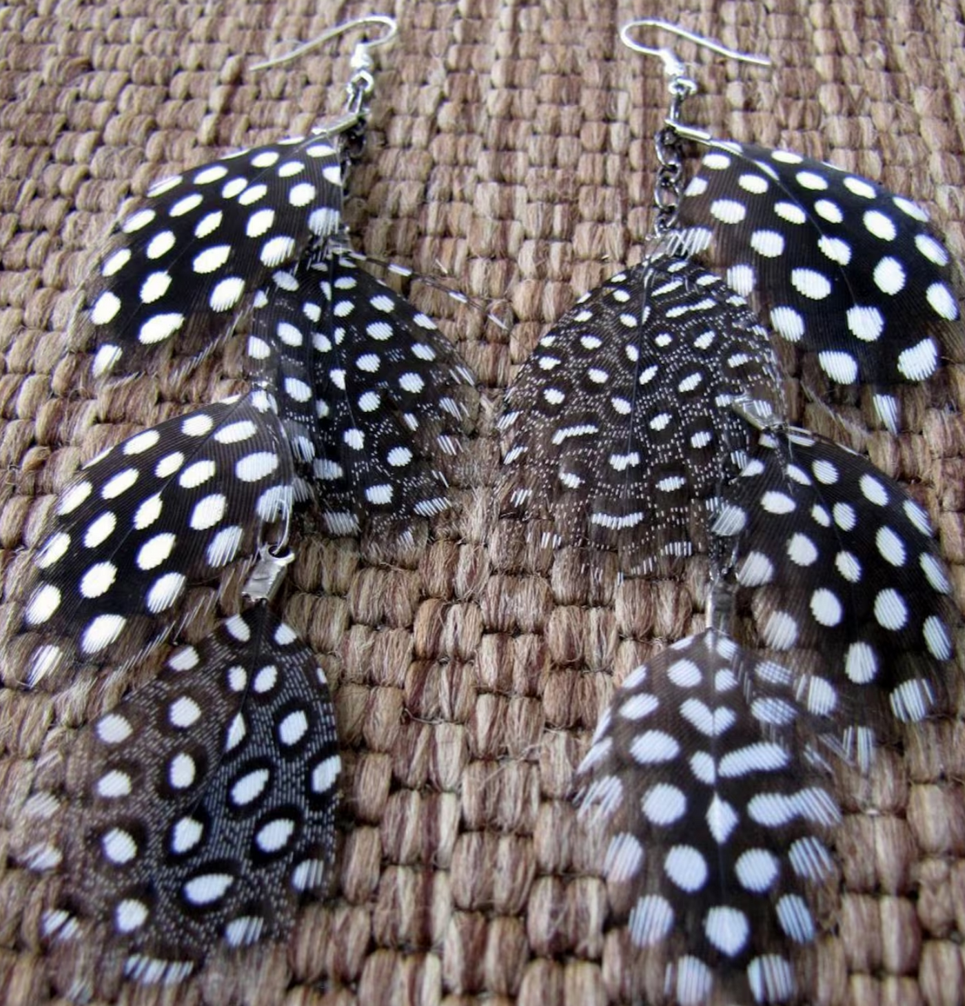 Long Spotted Black & White Feather Earrings
