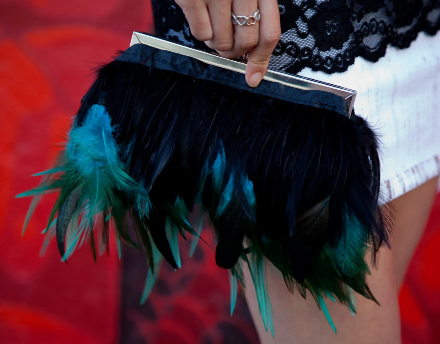 Feather Evening Bag Black and Turquoise
